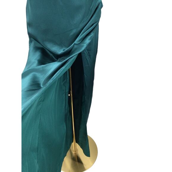 FORMAL PARTY SZ 8 M teal green satin cowl ruched prom maxi gown dress NEW B44 - Picture 4 of 9